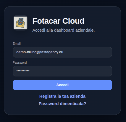 Schermata di login della dashboard Fotacar Cloud