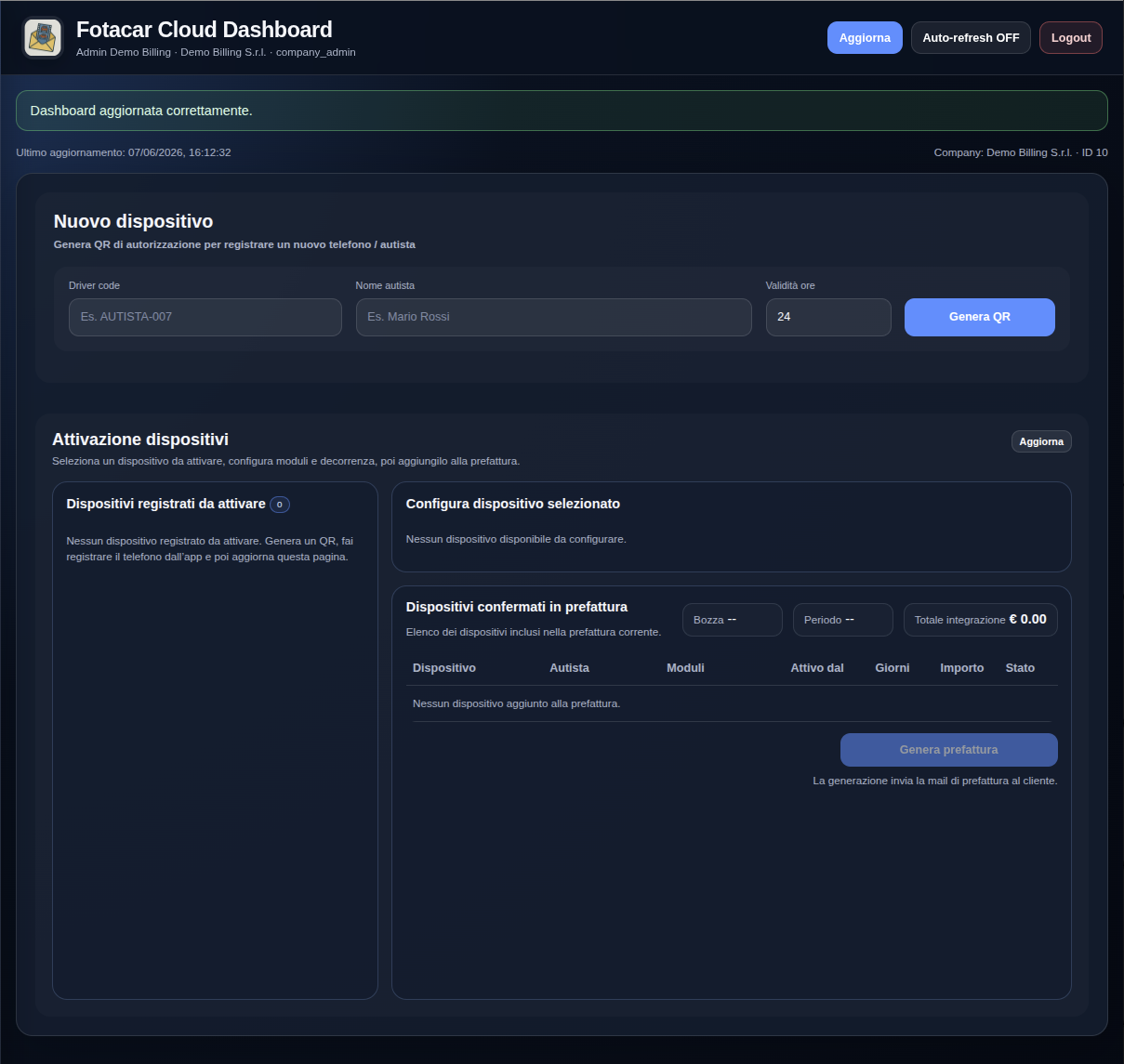 Form per creare un dispositivo Fotacar Cloud