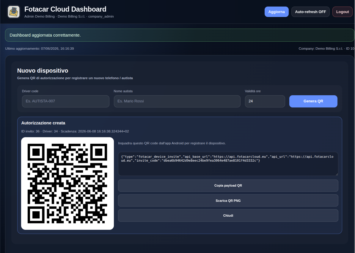 QR di attivazione dispositivo Fotacar Cloud